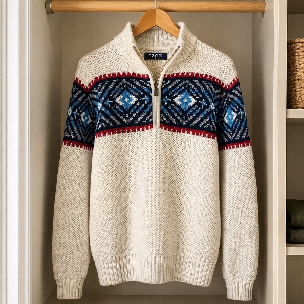 IZOD Mens Quarter Zip Fair Isle Popcorn Knit Nordic Sweater Cream Blue Small